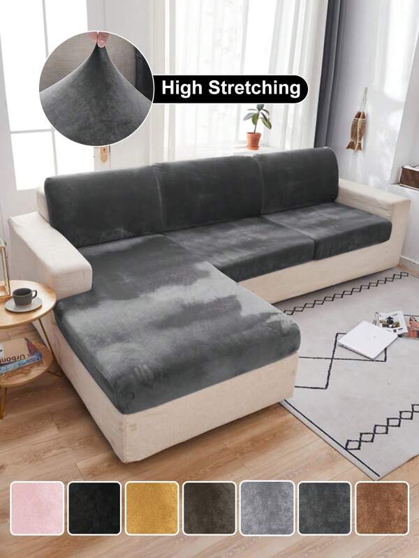 1pc Solid Color Silver Fox Velvet Stretch Sofa Seat Cushion Cover, Dust-Proof Decorative Protective Cover, Suitable For Hotel, Bedroom, Dark Gray, Black, Champagne