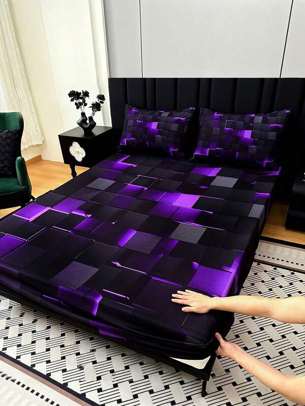 3pcs Cool Technology Digital Printing Material Plaid Fitted Sheet(1pc Fitted Sheet+2pcs Pillowcase No Filling) At Home,Dormitory,Suitable For All Seasons,Deep Pocket In 15 Inch,15%Bamboo Viscose,85%Polyester